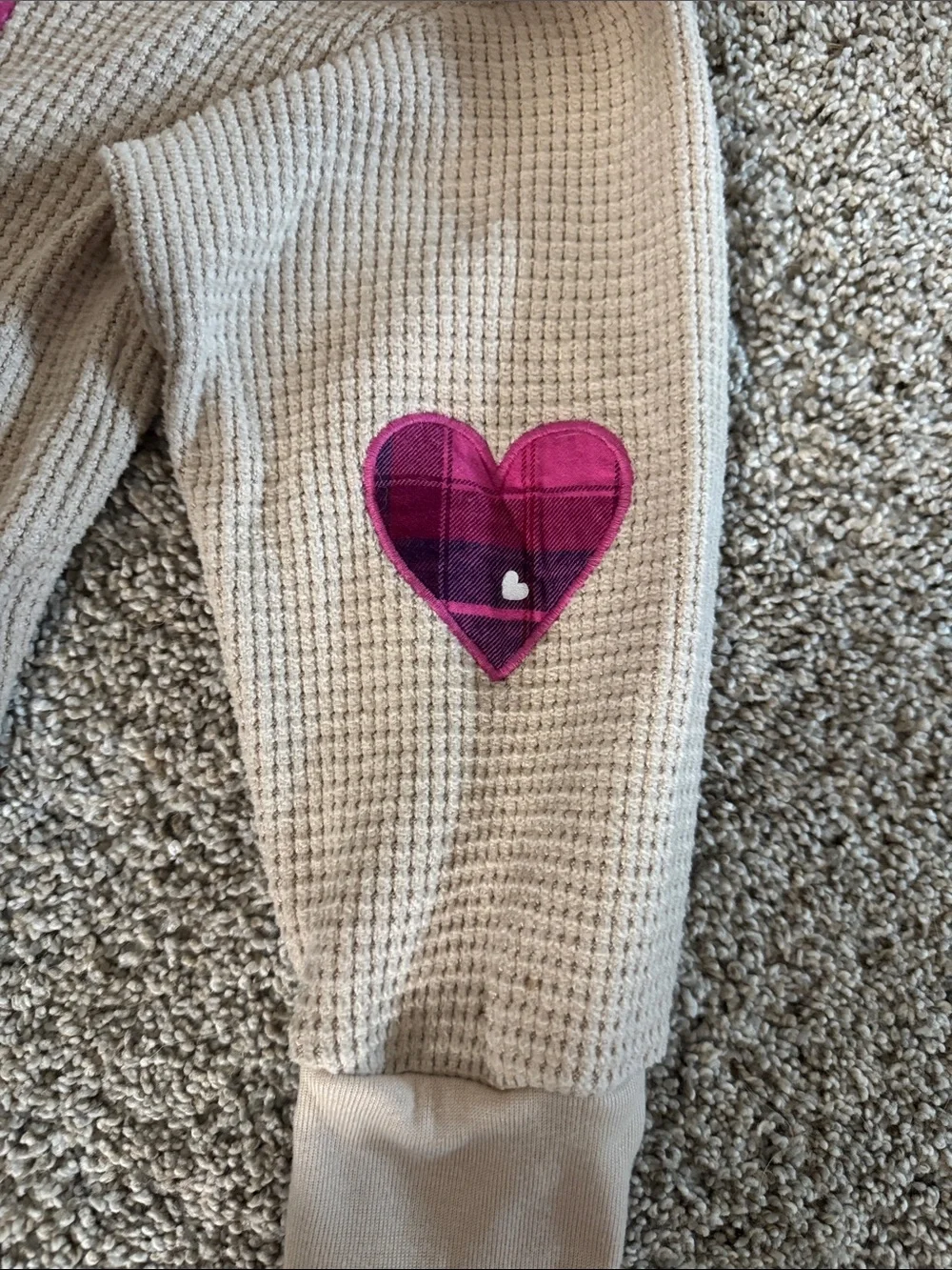 Beige Waffle Knit Hoodie with Pink 